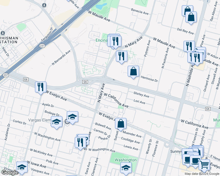 map of restaurants, bars, coffee shops, grocery stores, and more near 995 La Mesa Terrace in Sunnyvale