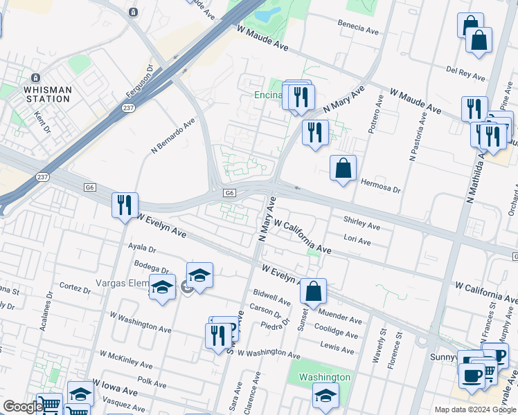 map of restaurants, bars, coffee shops, grocery stores, and more near 1024 Chula Vista Terrace in Sunnyvale