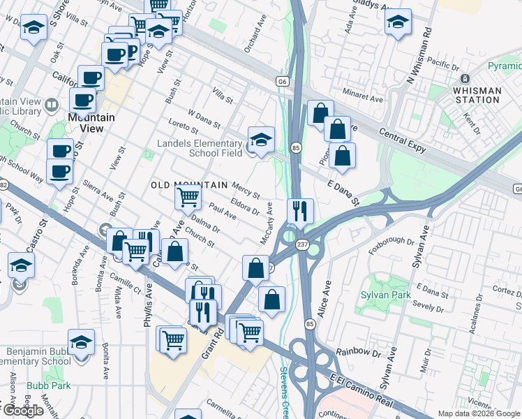 map of restaurants, bars, coffee shops, grocery stores, and more near 78 Eldora Drive in Mountain View