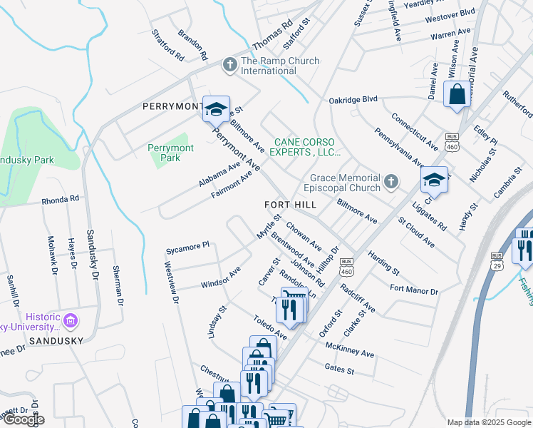 map of restaurants, bars, coffee shops, grocery stores, and more near 4525 Brooklawn Circle in Lynchburg