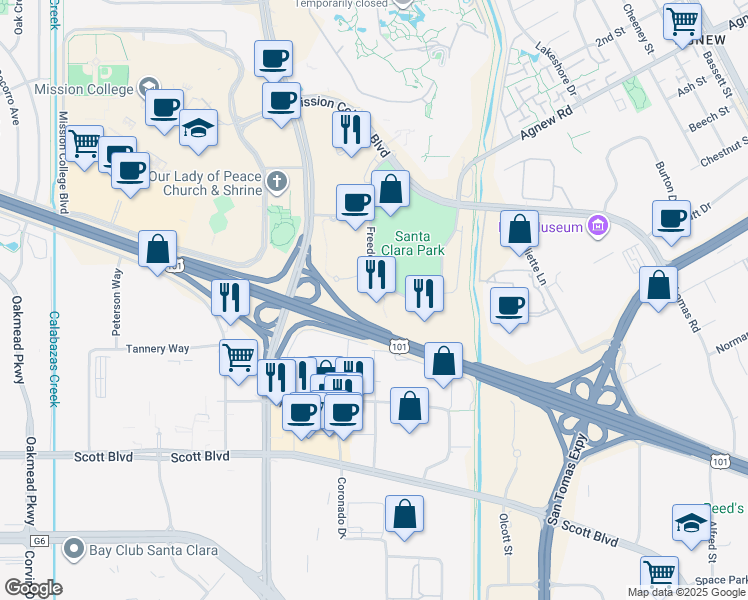 map of restaurants, bars, coffee shops, grocery stores, and more near 3965 Freedom Circle in Santa Clara