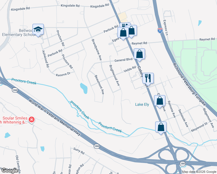 map of restaurants, bars, coffee shops, grocery stores, and more near 10120 Brandywine Avenue in Richmond