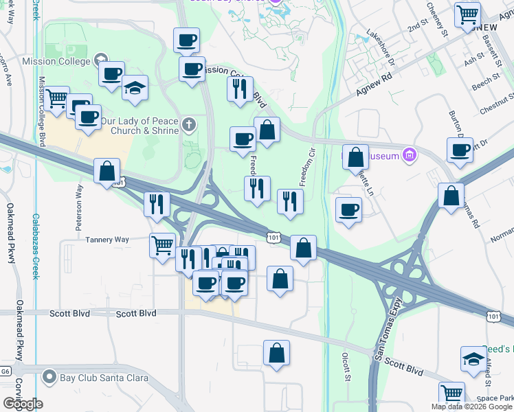 map of restaurants, bars, coffee shops, grocery stores, and more near 3965 Freedom Circle in Santa Clara