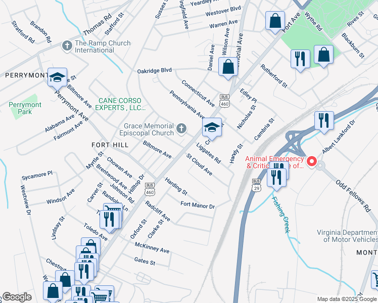 map of restaurants, bars, coffee shops, grocery stores, and more near 4104 Fort Avenue in Lynchburg