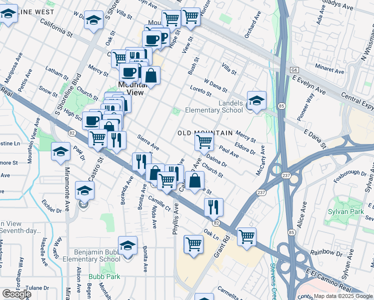 map of restaurants, bars, coffee shops, grocery stores, and more near 326 Church Street in Mountain View