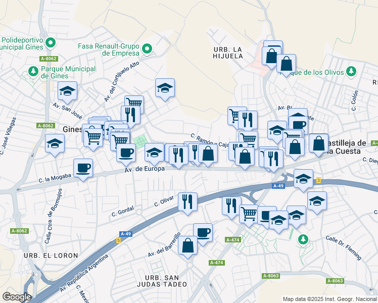 map of restaurants, bars, coffee shops, grocery stores, and more near 10 Calle Jacinto Benavente in Gines