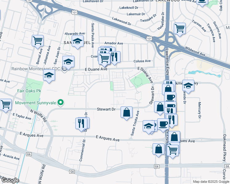 map of restaurants, bars, coffee shops, grocery stores, and more near 958 Indian Wells Avenue in Sunnyvale