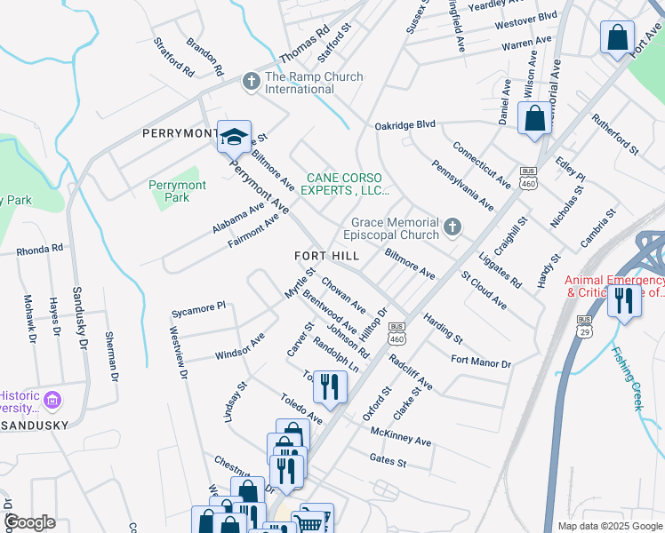 map of restaurants, bars, coffee shops, grocery stores, and more near 807 Perrymont Avenue in Lynchburg