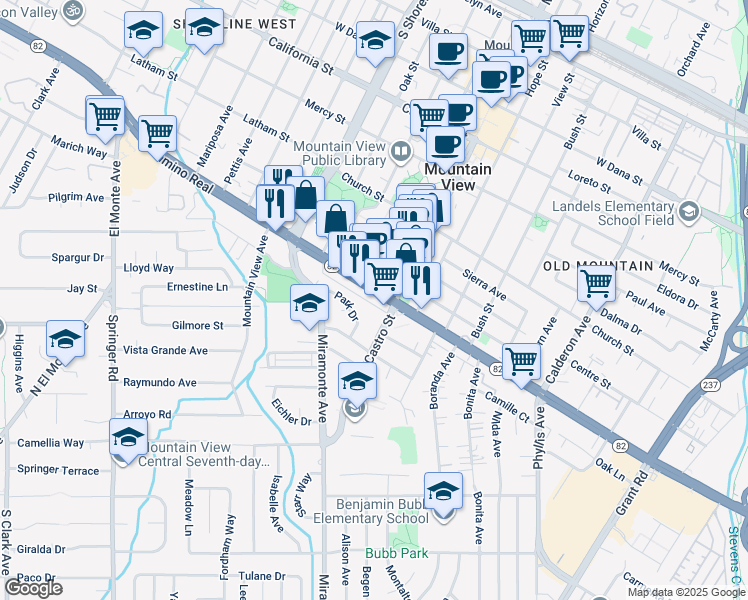 map of restaurants, bars, coffee shops, grocery stores, and more near 825 West El Camino Real in Mountain View