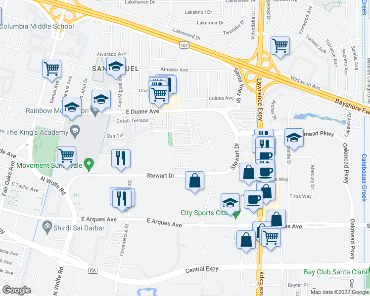 map of restaurants, bars, coffee shops, grocery stores, and more near 976 Indian Wells Avenue in Sunnyvale