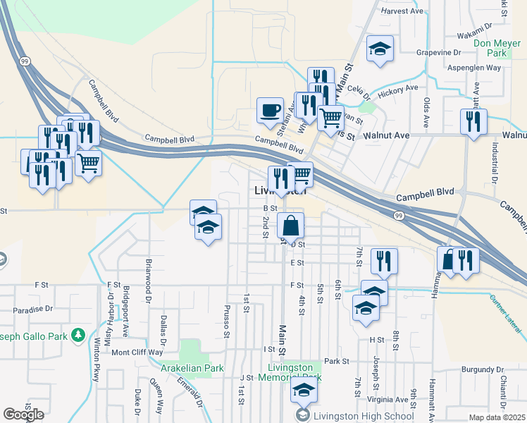 map of restaurants, bars, coffee shops, grocery stores, and more near 1246 B Street in Livingston