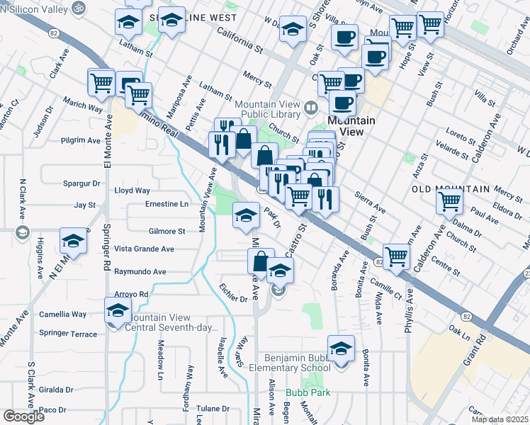 map of restaurants, bars, coffee shops, grocery stores, and more near 877 Park Drive in Mountain View