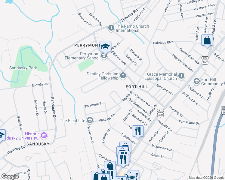 map of restaurants, bars, coffee shops, grocery stores, and more near 726 Crestwood Circle in Lynchburg
