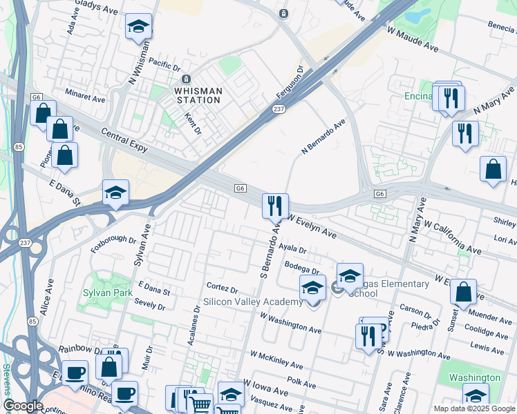 map of restaurants, bars, coffee shops, grocery stores, and more near 769 East Evelyn Avenue in Mountain View