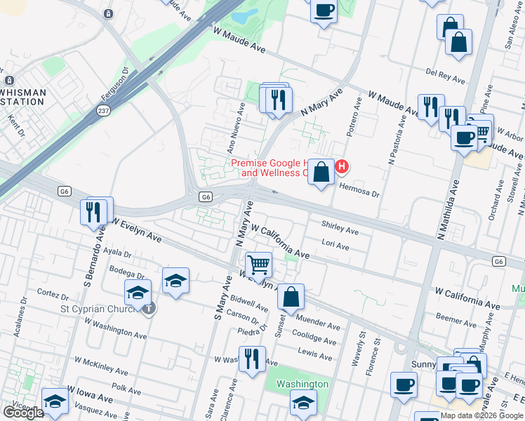 map of restaurants, bars, coffee shops, grocery stores, and more near 991 La Mesa Terrace in Sunnyvale