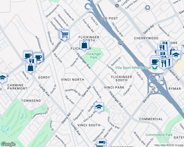 map of restaurants, bars, coffee shops, grocery stores, and more near 2004 Wizard Court in San Jose