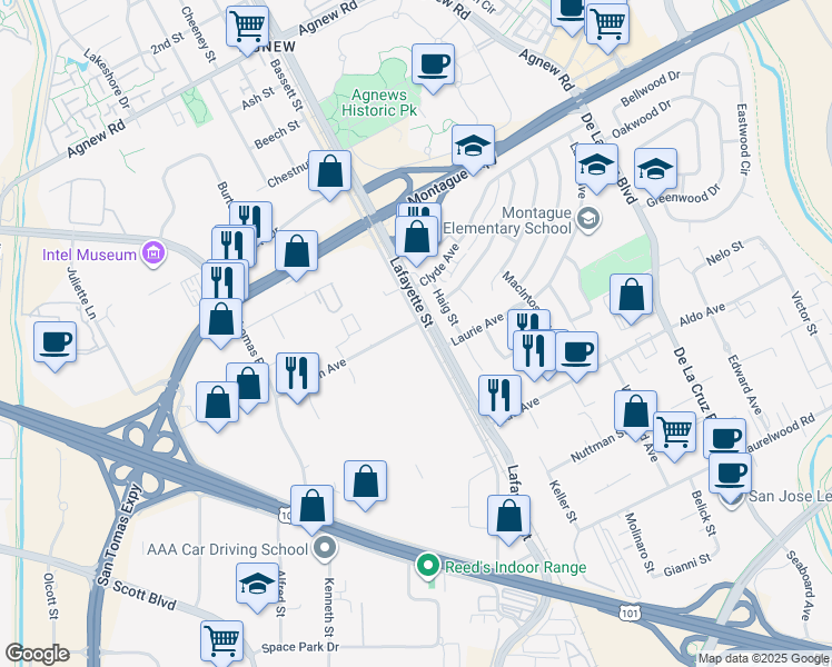 map of restaurants, bars, coffee shops, grocery stores, and more near 3680 Bassett Street in Santa Clara