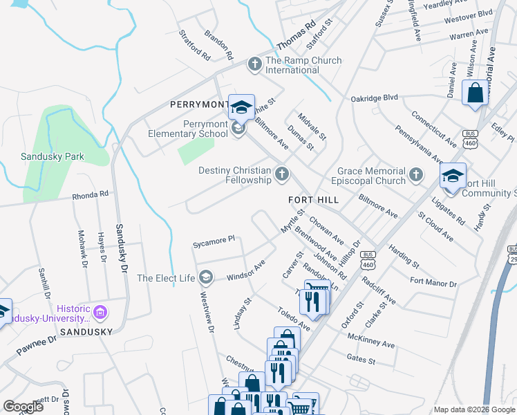 map of restaurants, bars, coffee shops, grocery stores, and more near 726 Crestwood Circle in Lynchburg