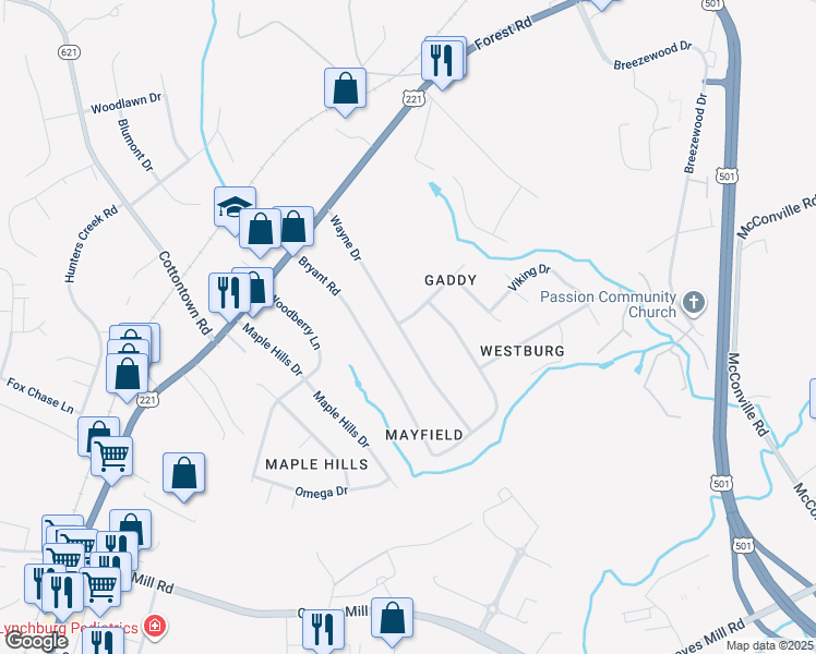 map of restaurants, bars, coffee shops, grocery stores, and more near 201 Wayne Drive in Lynchburg