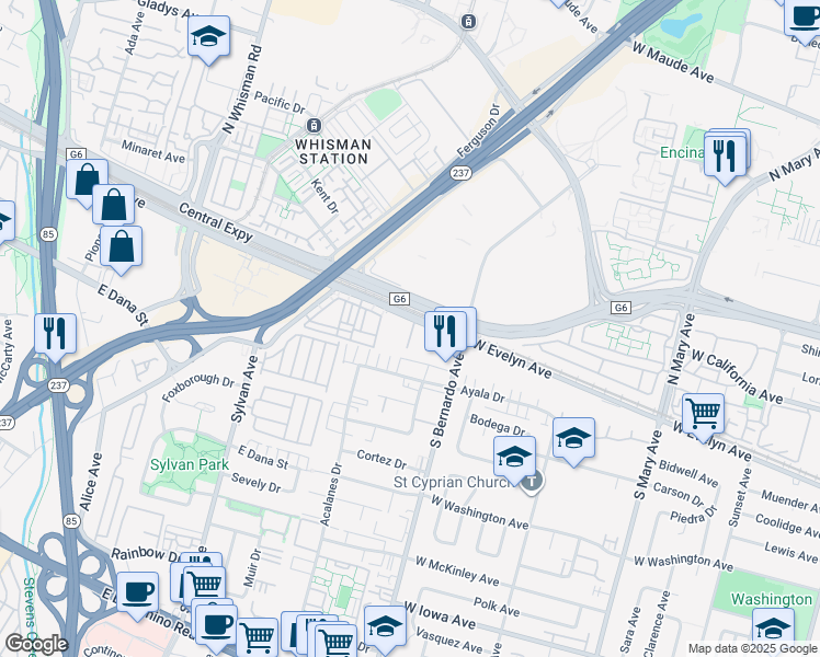 map of restaurants, bars, coffee shops, grocery stores, and more near 531 East Evelyn Avenue in Mountain View