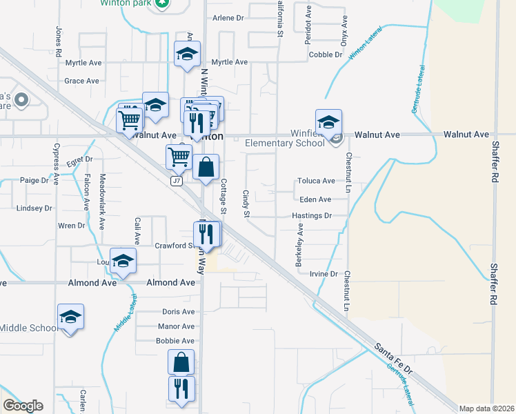 map of restaurants, bars, coffee shops, grocery stores, and more near 6862 Cindy Street in Winton