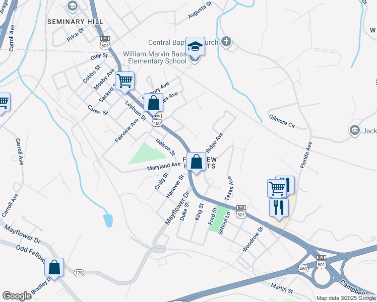 map of restaurants, bars, coffee shops, grocery stores, and more near in Lynchburg