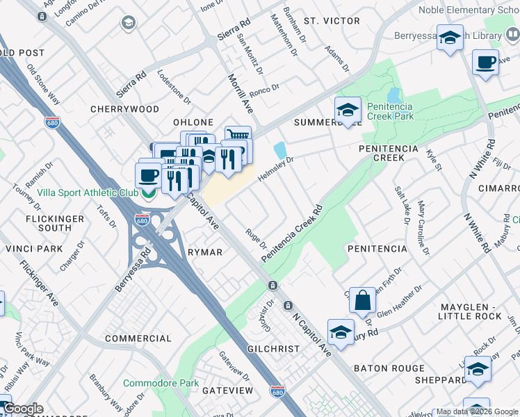 map of restaurants, bars, coffee shops, grocery stores, and more near 1066 Fairbrook Court in San Jose