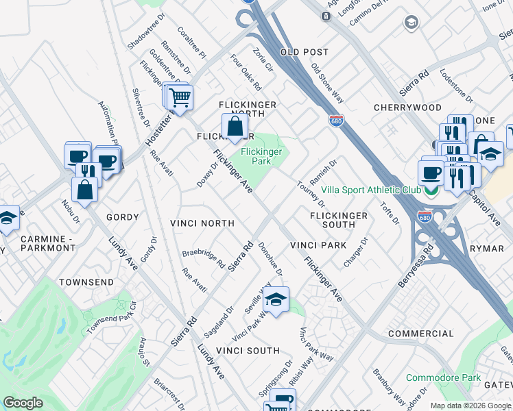 map of restaurants, bars, coffee shops, grocery stores, and more near 2004 Wizard Court in San Jose