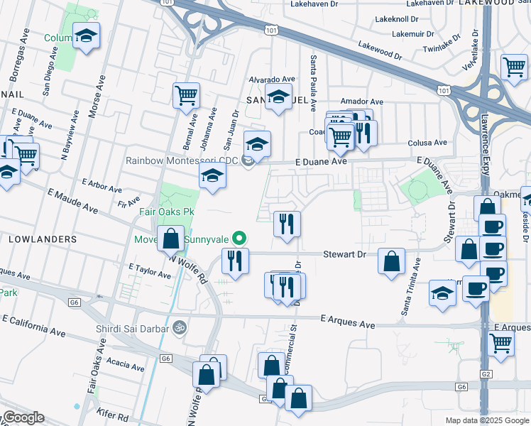 map of restaurants, bars, coffee shops, grocery stores, and more near 818 Gridley Terrace in Sunnyvale
