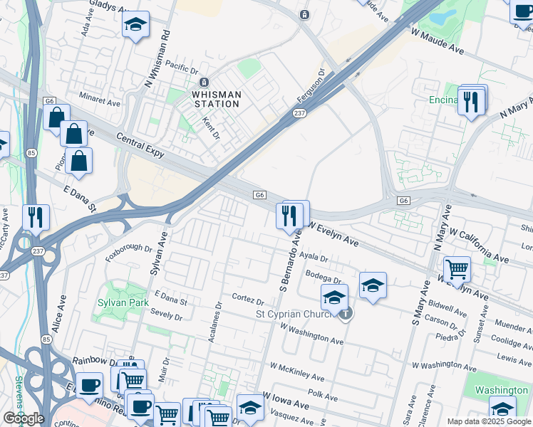 map of restaurants, bars, coffee shops, grocery stores, and more near 531 East Evelyn Avenue in Mountain View