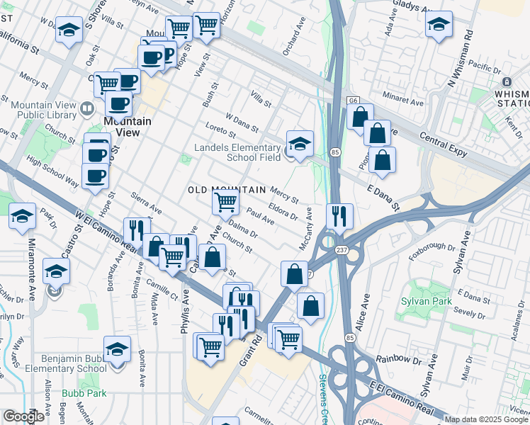 map of restaurants, bars, coffee shops, grocery stores, and more near 105 Eldora Drive in Mountain View