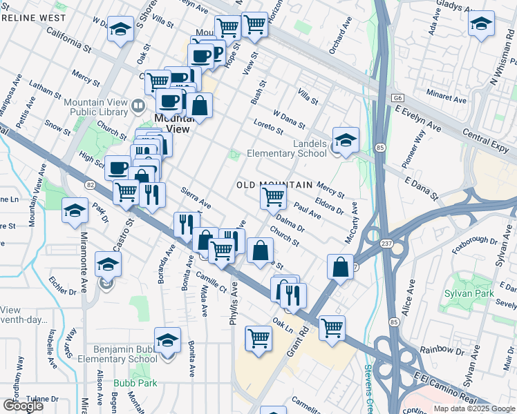 map of restaurants, bars, coffee shops, grocery stores, and more near 273 Jessie Lane in Mountain View