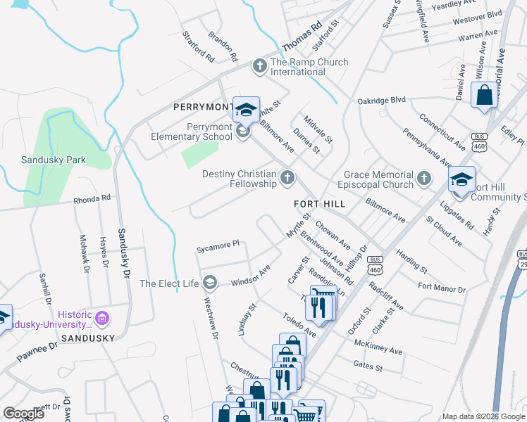 map of restaurants, bars, coffee shops, grocery stores, and more near 726 Crestwood Circle in Lynchburg