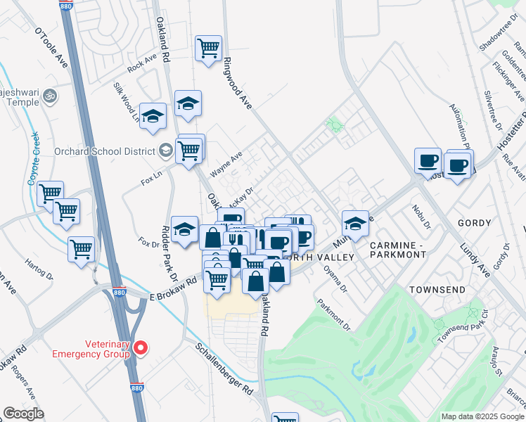map of restaurants, bars, coffee shops, grocery stores, and more near 1858 Elk Grove Landing in San Jose