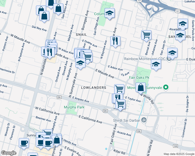 map of restaurants, bars, coffee shops, grocery stores, and more near 463 Morse Avenue in Sunnyvale