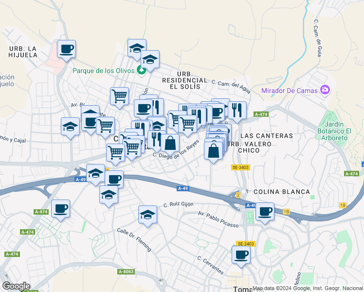 map of restaurants, bars, coffee shops, grocery stores, and more near 3 Pasaje el Huertero in Castilleja de la Cuesta