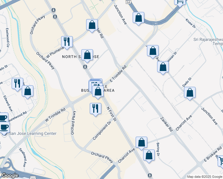 map of restaurants, bars, coffee shops, grocery stores, and more near 2590 North First Street in San Jose