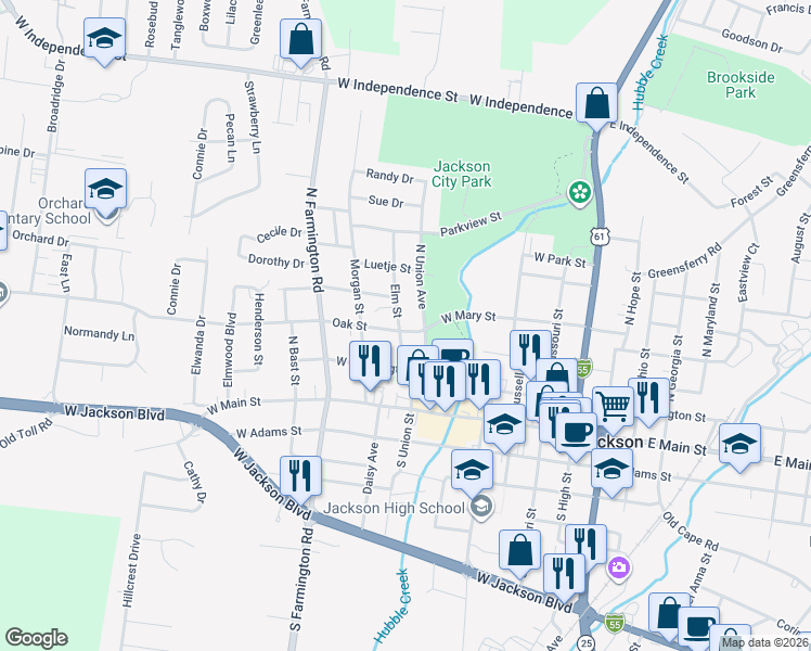 map of restaurants, bars, coffee shops, grocery stores, and more near 304 Elm Street in Jackson