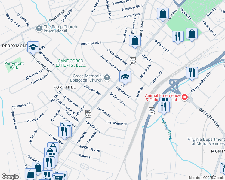 map of restaurants, bars, coffee shops, grocery stores, and more near 4108 Fort Avenue in Lynchburg