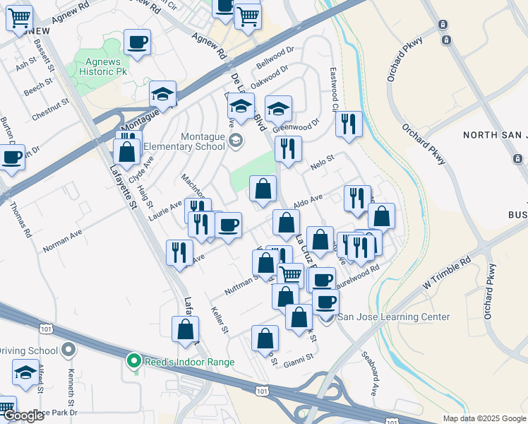 map of restaurants, bars, coffee shops, grocery stores, and more near 525 Aldo Avenue in Santa Clara
