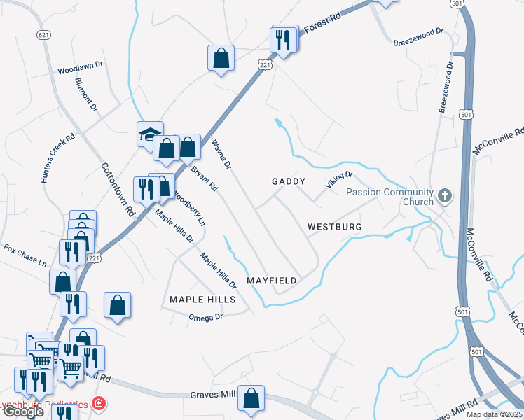 map of restaurants, bars, coffee shops, grocery stores, and more near 201 Wayne Drive in Lynchburg