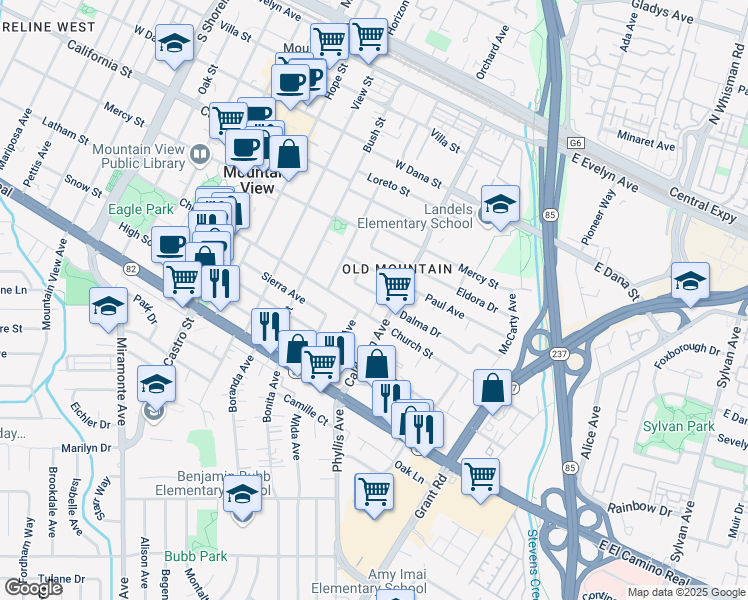 map of restaurants, bars, coffee shops, grocery stores, and more near 273 Jessie Lane in Mountain View