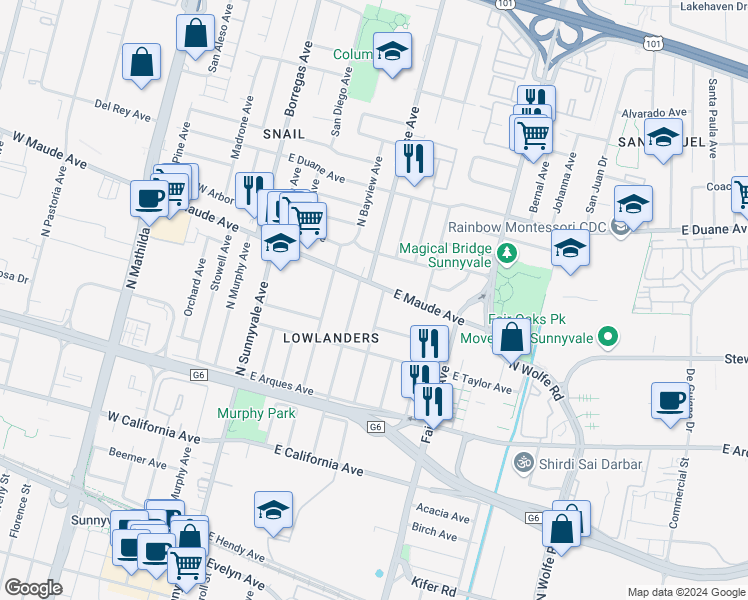 map of restaurants, bars, coffee shops, grocery stores, and more near 479 Roosevelt Avenue in Sunnyvale