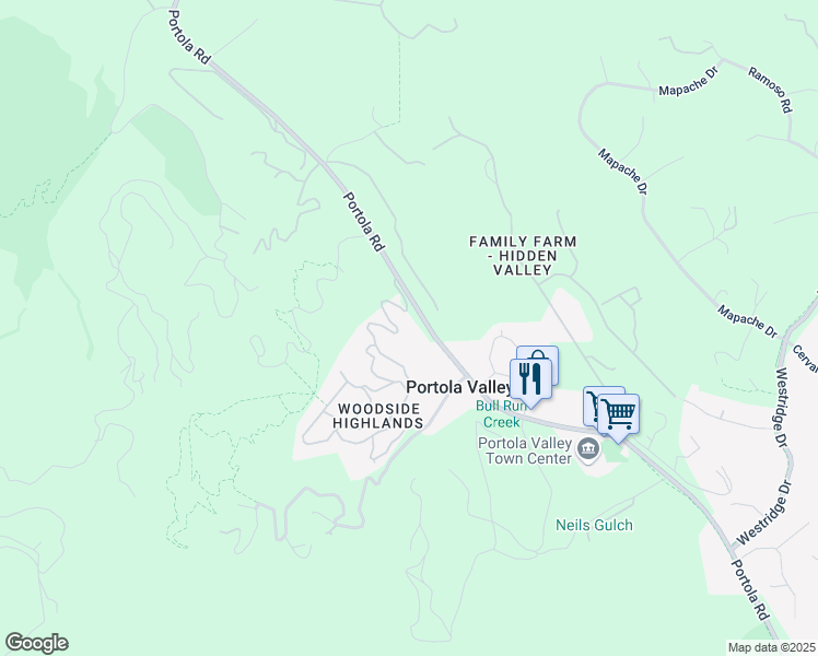 map of restaurants, bars, coffee shops, grocery stores, and more near 1077 Portola Road in Portola Valley