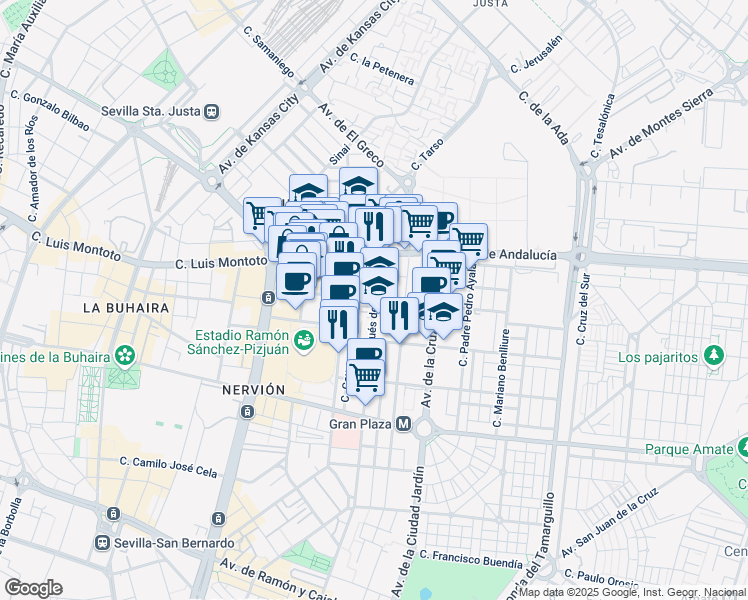 map of restaurants, bars, coffee shops, grocery stores, and more near in Seville