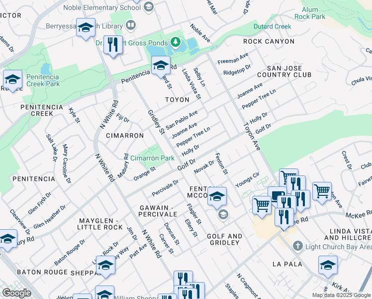 map of restaurants, bars, coffee shops, grocery stores, and more near 3327 Holly Drive in San Jose