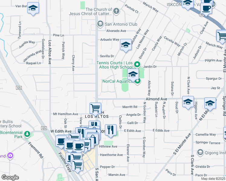 map of restaurants, bars, coffee shops, grocery stores, and more near 95 Dior Terrace in Los Altos