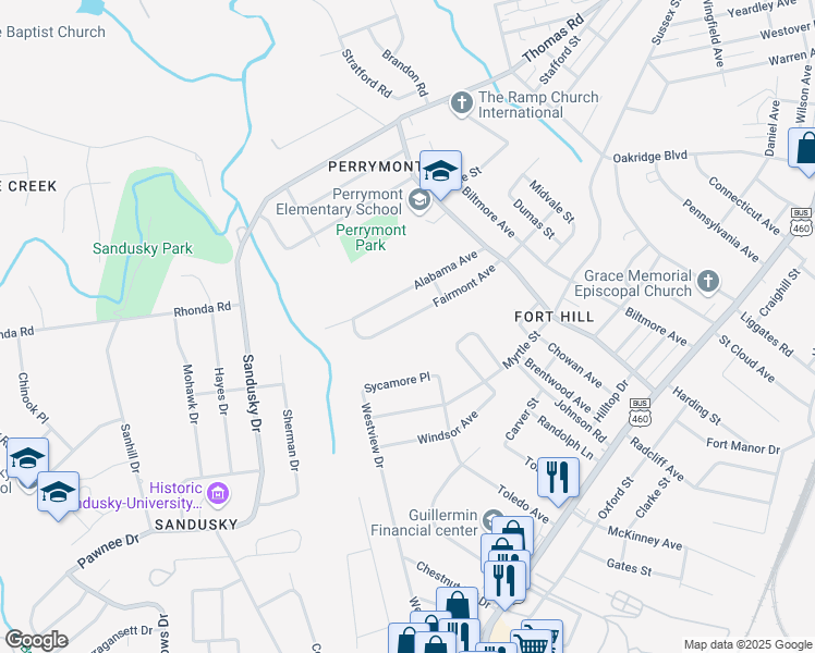 map of restaurants, bars, coffee shops, grocery stores, and more near 4628 Fairmont Avenue in Lynchburg