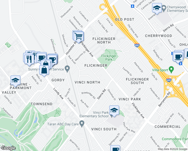 map of restaurants, bars, coffee shops, grocery stores, and more near 1445 Donohue Drive in San Jose
