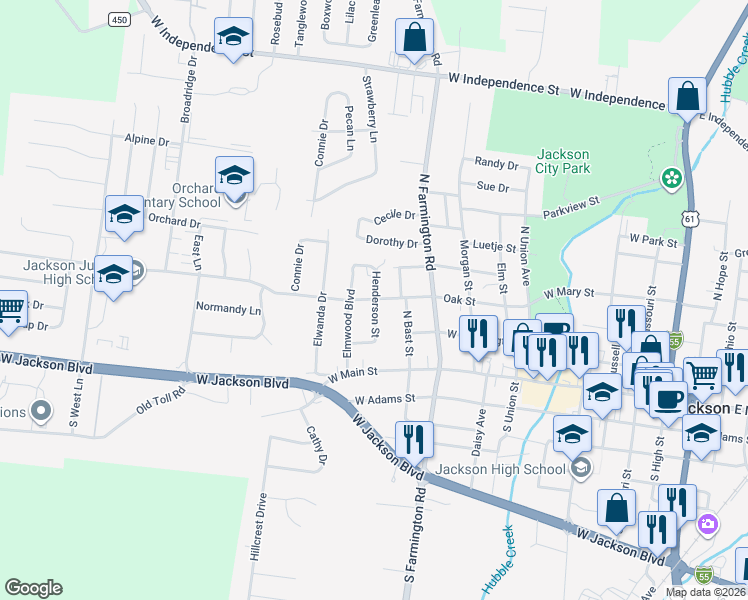 map of restaurants, bars, coffee shops, grocery stores, and more near 1002 Oak St in Jackson